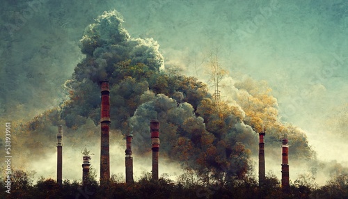 Power plant, fuel energy illustration, with clouds and heavy smoke, ecosystem metaphor, ecology, susteinable energy photo
