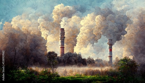 Power plant, fuel energy illustration, with clouds and heavy smoke, ecosystem metaphor, ecology, susteinable energy photo