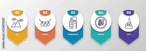 infographic template with outline icons. thin line icons such as hill, lights, workspace, thread, shit editable vector. can be used for web, mobile, info graph.