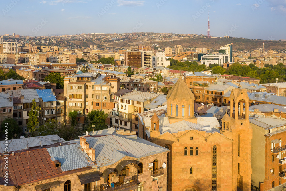 View of Yerevan and Saint Sarkis Cathedral (Surp Sarkis) on sunny evening, Armenia.