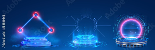 Circle portals, teleport, hologram gadget. Podium for presentation product. Futuristic tech, 3D HUD portals. Blank display, stage or magic, podium for show product in futuristic cyberpunk in hud style