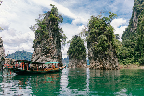 landscape view rock mountain  in Ratchaprapha Dam at Khao Sok National Park, Surat Thani Province, Thailand.