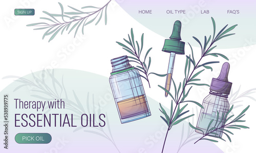 Vector website background for essential oil. Rosemary oil. Glass bottle with dropper. Pipette. Vector illustration for cosmetic, perfumery, aromatherapy. Template for banner, poster, advertising.