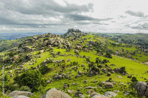 View of a rural area with green rocky hills. Eswatini, Southern Africa. photo