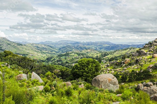 View of a rural area with green rocky hills. Eswatini, Southern Africa.