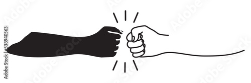 Fist bumping banner hand drawn as silhouette. Team work, cooperation, friends concept. Vector illustration isolated on white background