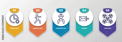 infographic template with outline icons. thin line icons such as productive, martial arts, constructor, sender, modular editable vector. can be used for web, mobile, info graph.