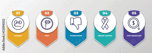 infographic template with outline icons. thin line icons such as sadness, peso, thumb down, breast cancer, cost reduction editable vector. can be used for web, mobile, info graph.