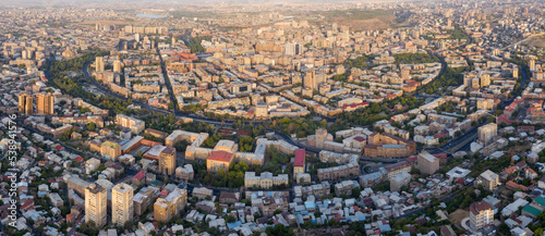 Panoramic aerial view of central part of Yerevan on summer sunrise, Armenia.