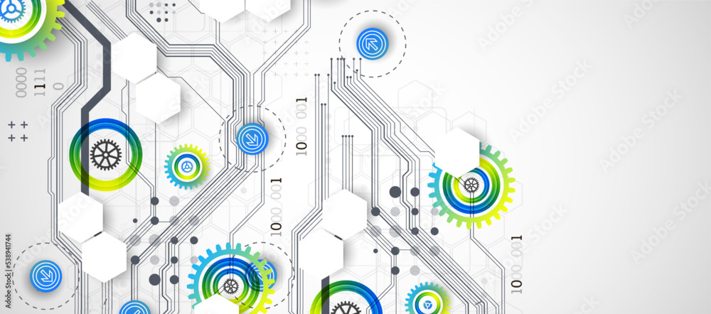 Abstract technology cogwheel concept. Circuit board, high computer color background. Vector illustration with space for content, web - template, business tech presentation. Abstract technology cogwheel concept. Circuit board, high computer color background. Vector illustration with space for content, web - template, business tech presentation.