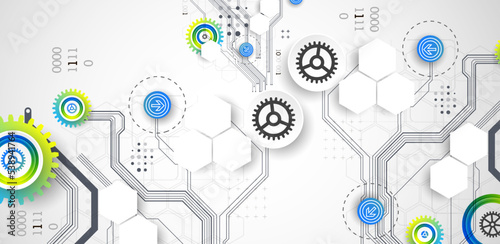 Abstract technology cogwheel concept. Circuit board, high computer color background. Vector illustration with space for content, web - template, business tech presentation.