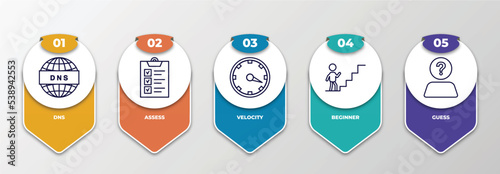 infographic template with outline icons. thin line icons such as dns, assess, velocity, beginner, guess editable vector. can be used for web, mobile, info graph.