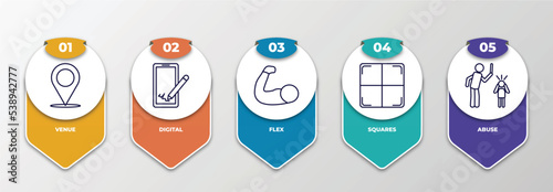 infographic template with outline icons. thin line icons such as venue, digital, flex, squares, abuse editable vector. can be used for web, mobile, info graph.