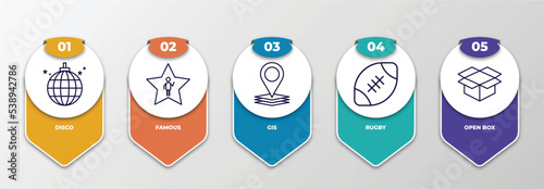 infographic template with outline icons. thin line icons such as disco, famous, gis, rugby, open box editable vector. can be used for web, mobile, info graph.