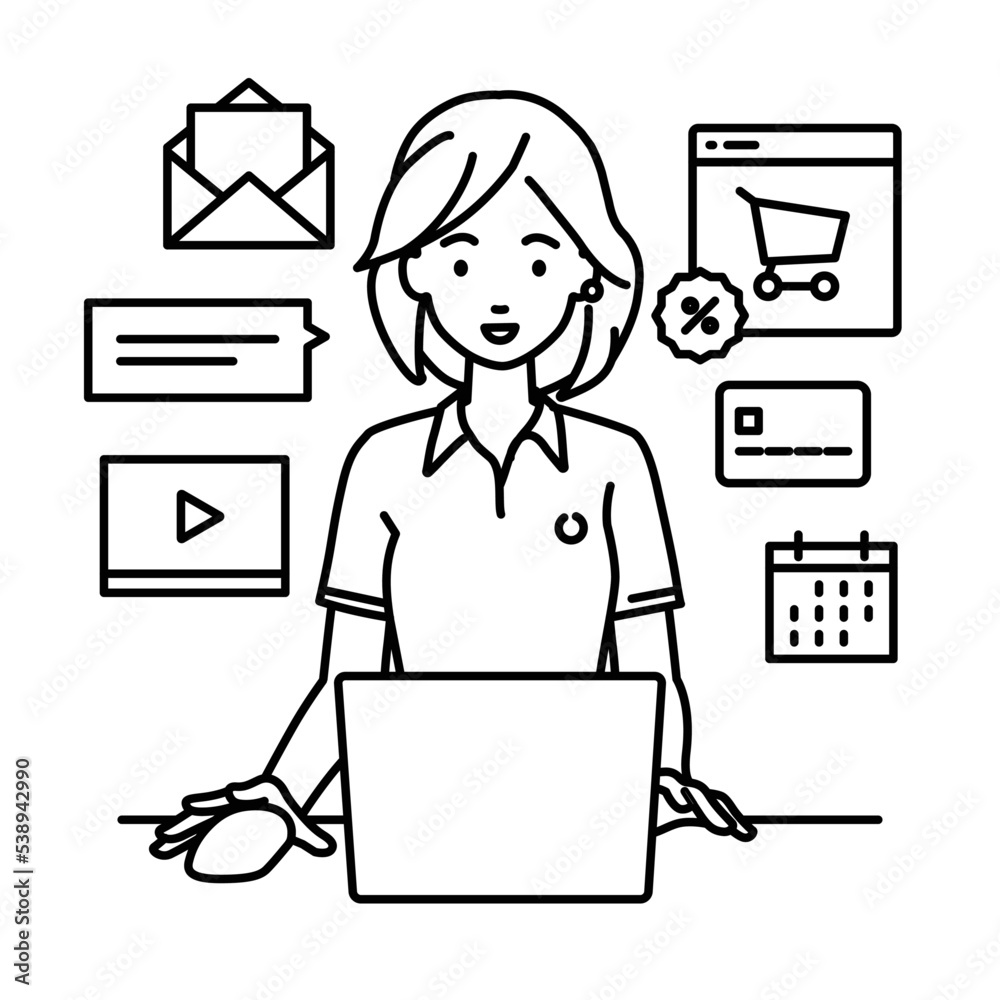 デスクで座ってPCでネットショップやマーケティングの仕事をしているポロシャツの女性