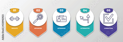 infographic template with outline icons. thin line icons such as weights, advanced, internship, alternative, correction editable vector. can be used for web, mobile, info graph.