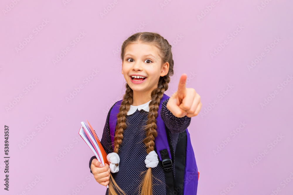 A little schoolgirl with pigtails points her index finger forward and smiles on a pink isolated background. Advertising of educational courses for schoolchildren. A little schoolgirl with pigtails points her index finger forward and smiles on a pink isolated background. Advertising of educational courses for schoolchildren.