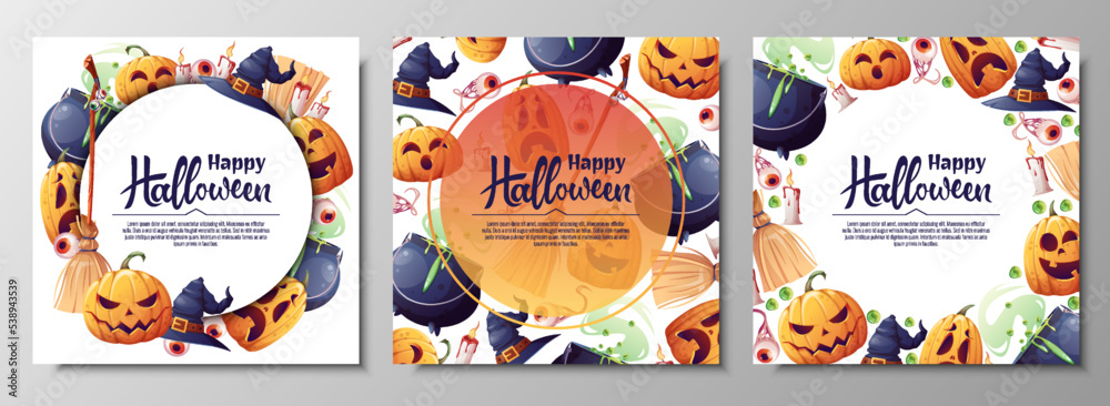 Set of vector backgrounds for Halloween invitation or greeting card. Pumpkins, witch s cauldron, broom hat. Great for flyer, banner, backdrop