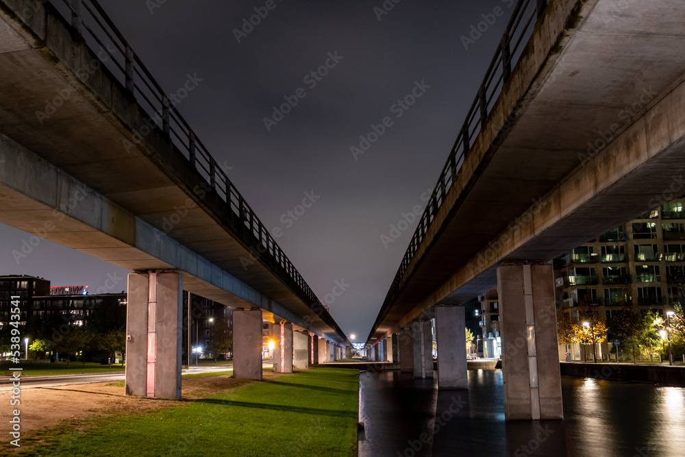 Copenhagen, Denmark Elevated Metro tracks in the Orestad district of town. Copenhagen, Denmark Elevated Metro tracks in the Orestad district of town.