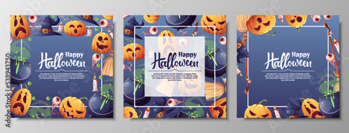 Set of vector backgrounds for Halloween invitation or greeting card. Pumpkins, witch s cauldron, broom hat. Great for flyer, banner, backdrop.