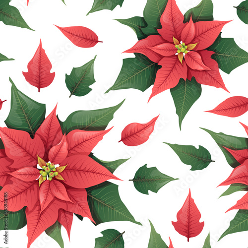 Seamless vector pattern with Christmas flower - red poinsettia on a white background. Suitable for wrapping paper  wallpapers  decor  Christmas decorations