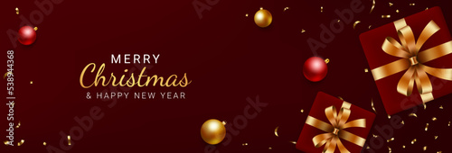 Red christmas banner. Christmas background design with gift boxes, gold confetti, red and gold balls. Vector illustration
