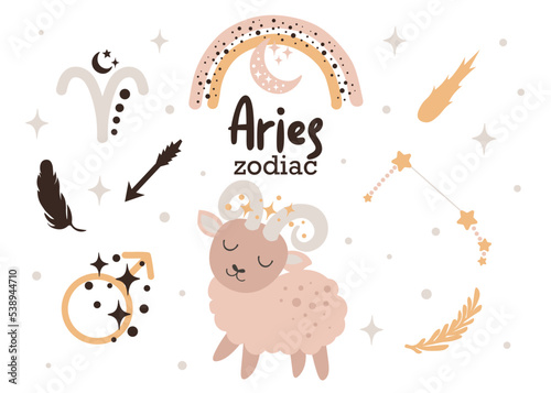 Aries zodiac sign clipart - cute kids horoscope, zodiac stars, constellation, rainbow, planet, arrow and comet isolated Vector illustration on white background. Cute vector astrological character