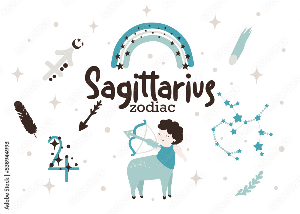Sagittarius zodiac sign clipart - cute kids horoscope, zodiac stars, constellation, rainbow, planet, arrow and comet isolated Vector illustration on white background.Cute vector astrological character