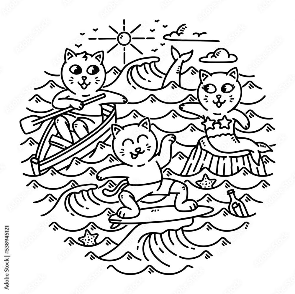 A group of cats doing activities in the sea line illustration
