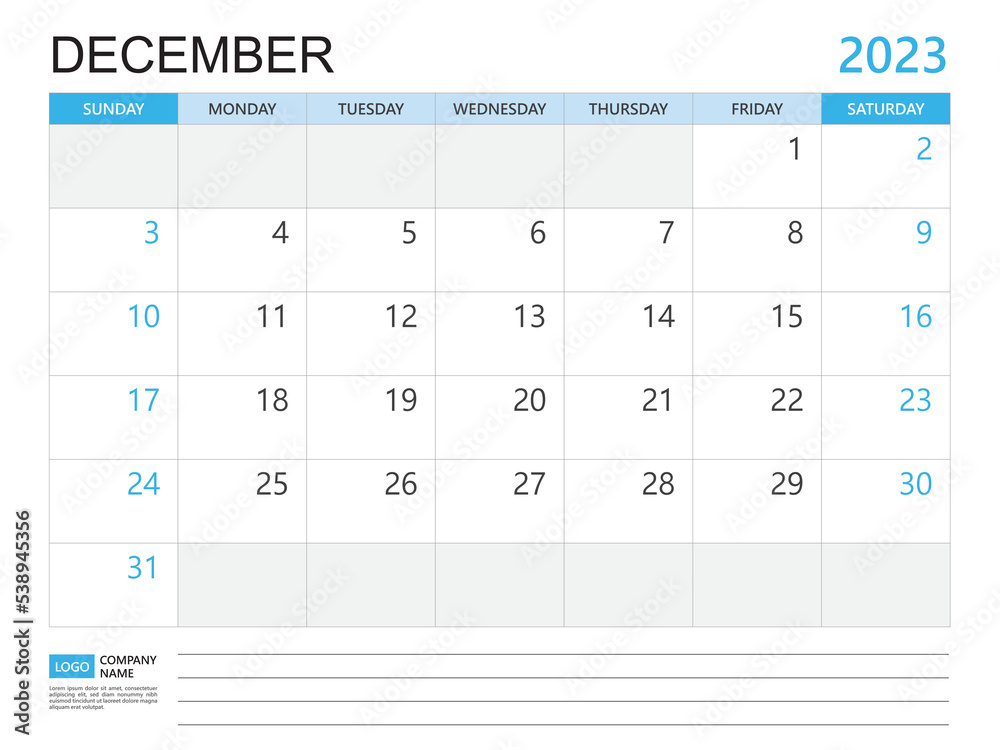 Calendar planner 2023 template-December 2023 year, week start on Sunday, Desk calendar 2023 design, simple and clean design, Wall calendar, Corporate design planner template vector Calendar planner 2023 template-December 2023 year, week start on Sunday, Desk calendar 2023 design, simple and clean design, Wall calendar, Corporate design planner template vector