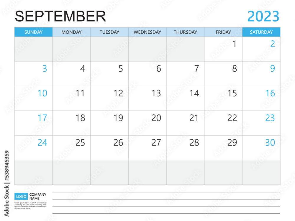 Calendar planner 2023 template-September 2023 year, week start on Sunday, Desk calendar 2023 design, simple and clean design, Wall calendar, Corporate design planner template vector Calendar planner 2023 template-September 2023 year, week start on Sunday, Desk calendar 2023 design, simple and clean design, Wall calendar, Corporate design planner template vector
