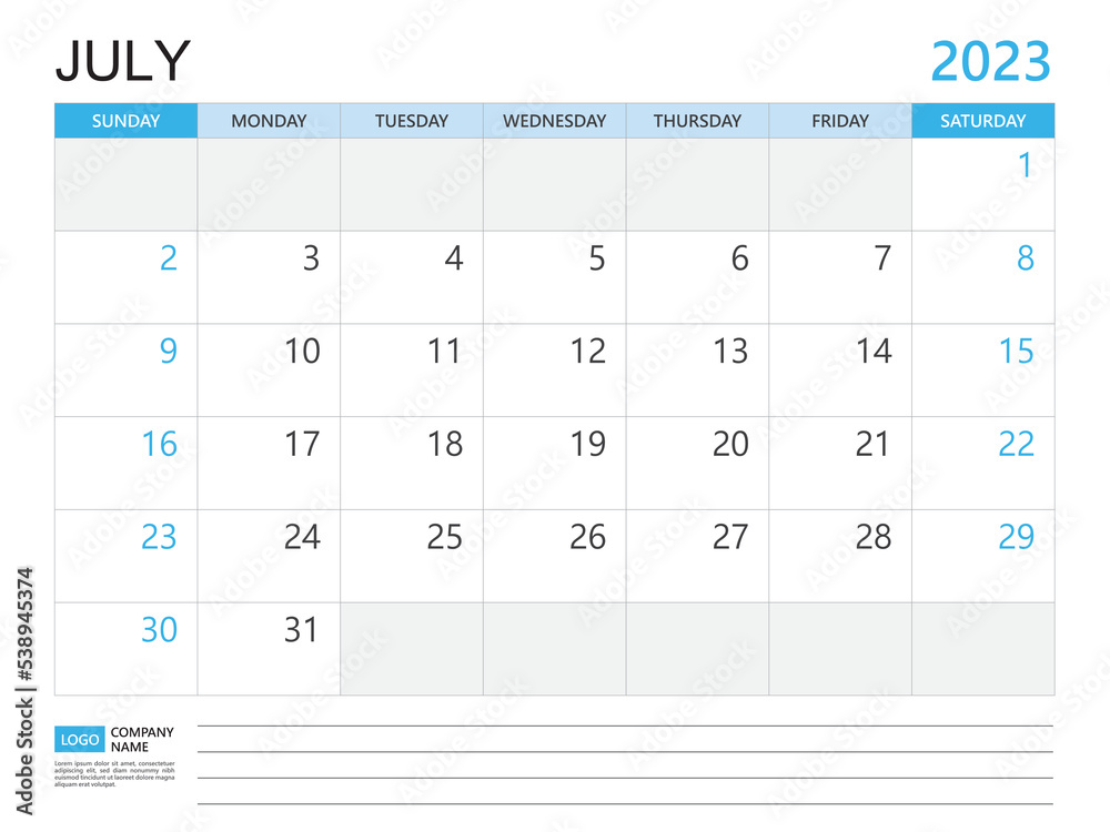 Calendar planner 2023 template-July 2023 year, week start on Sunday, Desk calendar 2023 design, simple and clean design, Wall calendar, Corporate design planner template vector Calendar planner 2023 template-July 2023 year, week start on Sunday, Desk calendar 2023 design, simple and clean design, Wall calendar, Corporate design planner template vector