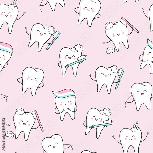 Seamless pattern with cute teeth, toothbrush, toothpaste in cartoon style on pink background. Dental cute background. Illustration for children dentist cabinet, pediatric dentistry.