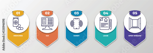 infographic template with outline icons. thin line icons such as medicines, gui, handy, lease, open window editable vector. can be used for web, mobile, info graph.