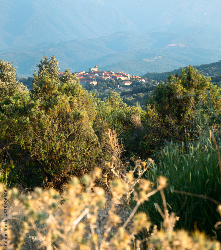 View of a town in a mountains and a landscape in the Pyrenees, France