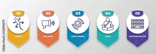 infographic template with outline icons. thin line icons such as lizard, bullhorn, effectiveness, monk, keyboard button editable vector. can be used for web, mobile, info graph.