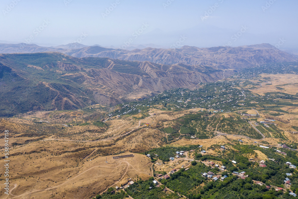 Aerial view of  Azat River valley, Geghard and Goght villages on sunny summer day.