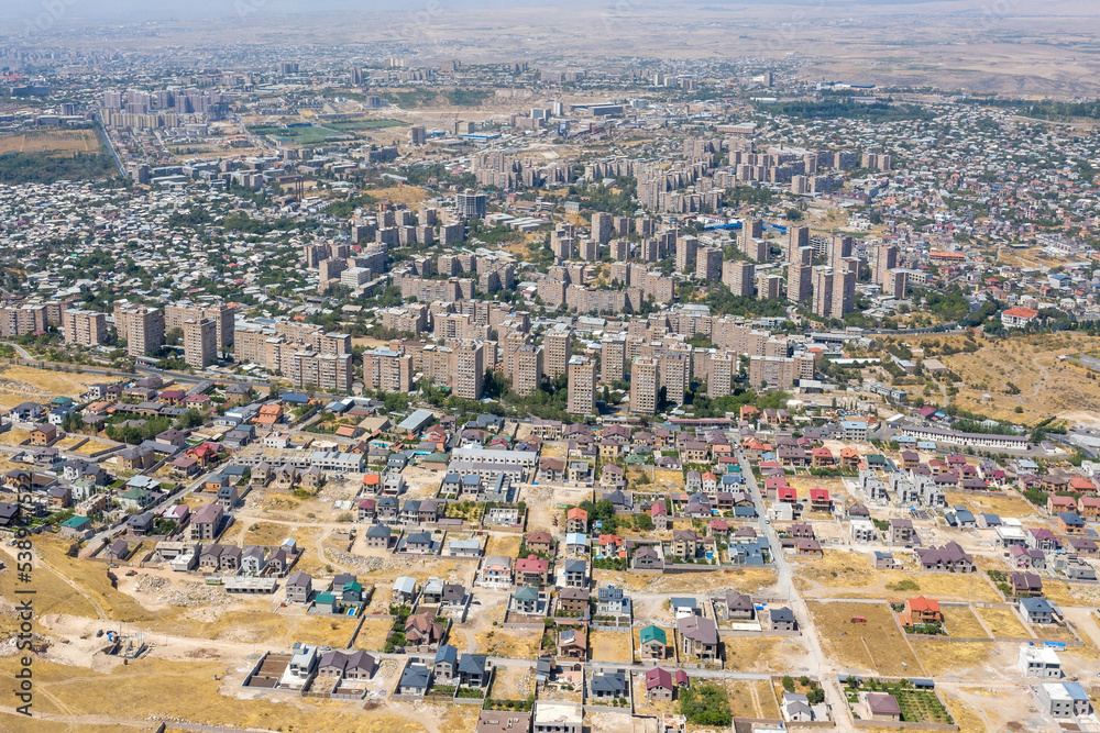 Aerial view of the outskirts of Yerevan on sunny day. Yerevan, Armenia.