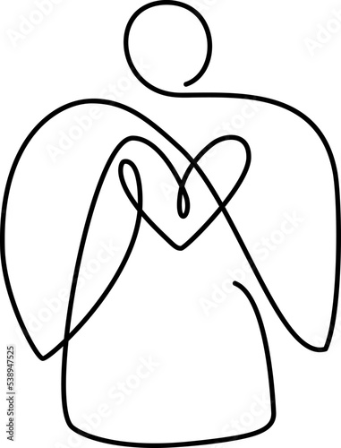 Simple vector Christmas angel with heart  continuous line drawing  print for clothes and logo design  emblem or silhouette one single line  isolated abstract illustration