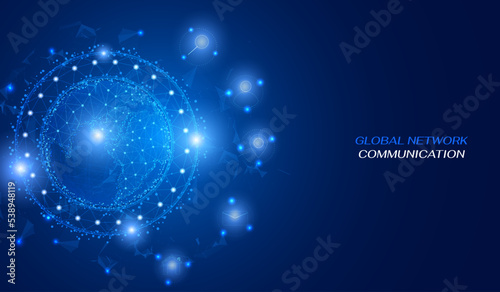 Global network low poly design communication. Technology social media wireframe icon connection. Blue cyber space with earth vector background.