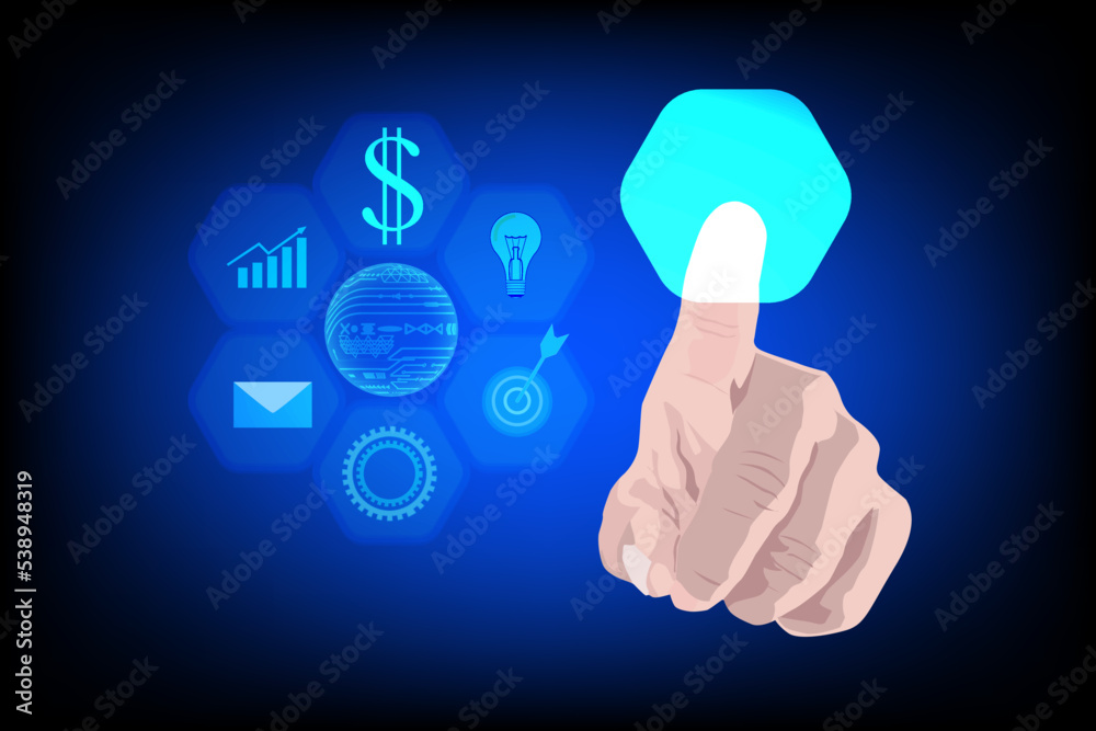 Hand press button touches on screen on dark blue technology background. Innovation technology internet business concept. Automation and icons. Hand press button touches on screen on dark blue technology background. Innovation technology internet business concept. Automation and icons.