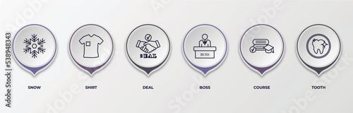 infographic template with outline icons. thin line icons such as snow, shirt, deal, boss, course, tooth editable vector. can be used for web, mobile, info graph.