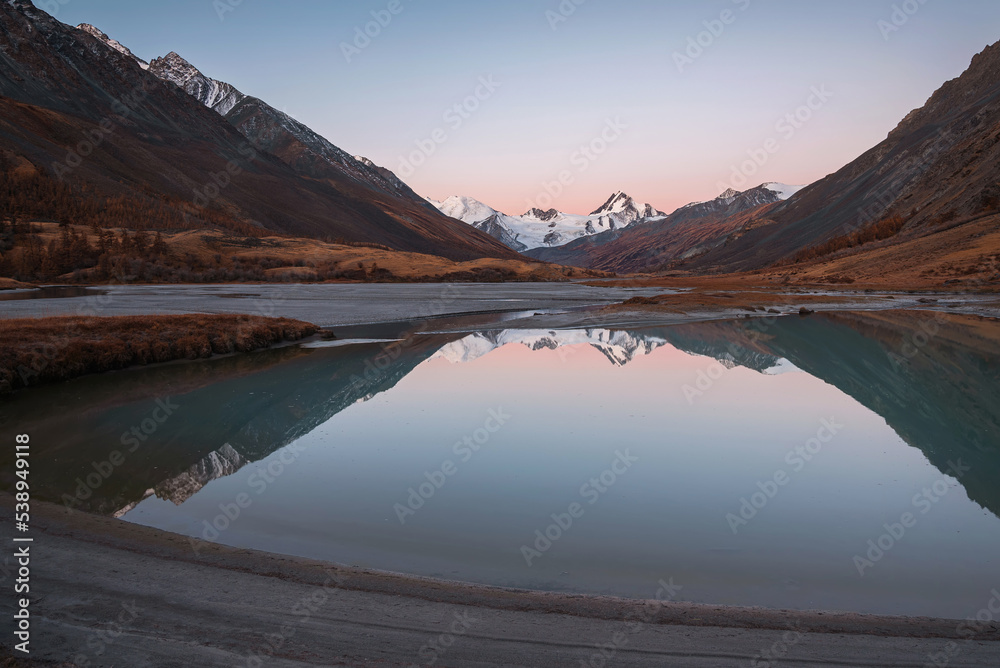 mountains glacier lake reflection sunrise autumn
