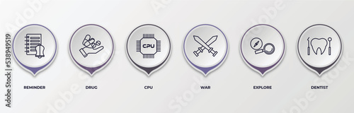 infographic template with outline icons. thin line icons such as reminder, drug, cpu, war, explore, dentist editable vector. can be used for web, mobile, info graph.