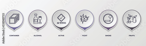 infographic template with outline icons. thin line icons such as container, alcohol, active, fight, smoke, fruits editable vector. can be used for web, mobile, info graph.