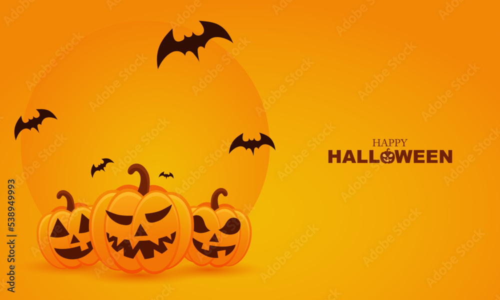 Happy Halloween background template with group of Jack O Lantern pumpkin and Halloween bat, moon elements on orange gradinet background. Website spooky, copy space, background or banner.