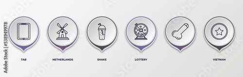 infographic template with outline icons. thin line icons such as tab, netherlands, shake, lottery, , vietnam editable vector. can be used for web, mobile, info graph.