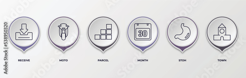 infographic template with outline icons. thin line icons such as receive, moto, parcel, month, stoh, town editable vector. can be used for web, mobile, info graph.