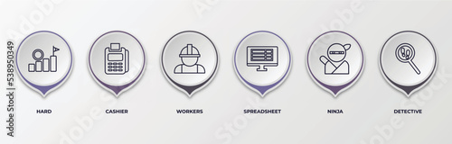 infographic template with outline icons. thin line icons such as hard, cashier, workers, spreadsheet, ninja, detective editable vector. can be used for web, mobile, info graph.