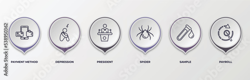 infographic template with outline icons. thin line icons such as payment method, depression, president, spider, sample, payroll editable vector. can be used for web, mobile, info graph.